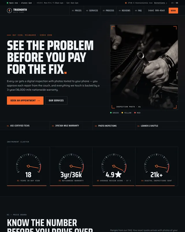 The same invented auto shop as one of our demo sites: a clear headline, one Book an Appointment button, a tap-to-call number and an English and Spanish switch in the header.
