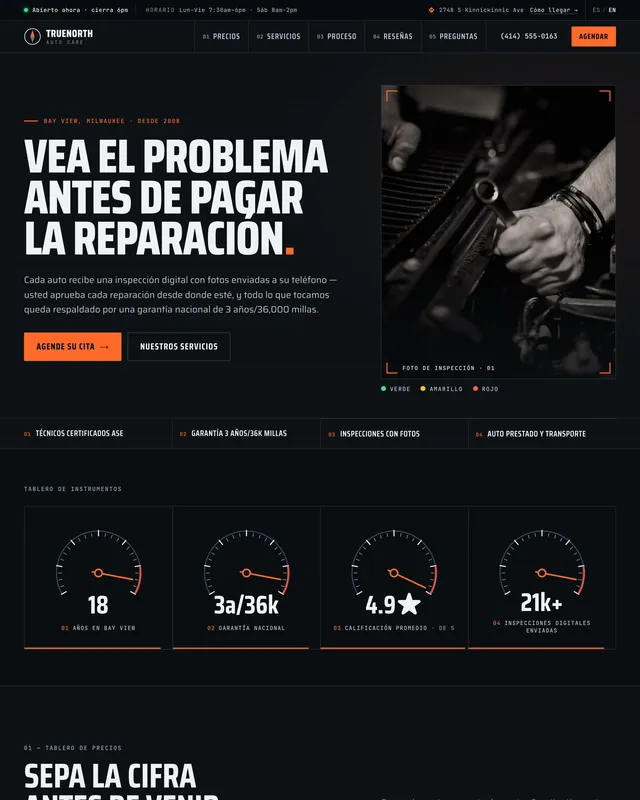 El mismo taller ficticio como uno de nuestros sitios demo: un titular claro, un solo bot&oacute;n para pedir cita, un n&uacute;mero que se llama con un toque y un selector de ingl&eacute;s y espa&ntilde;ol en el encabezado.
