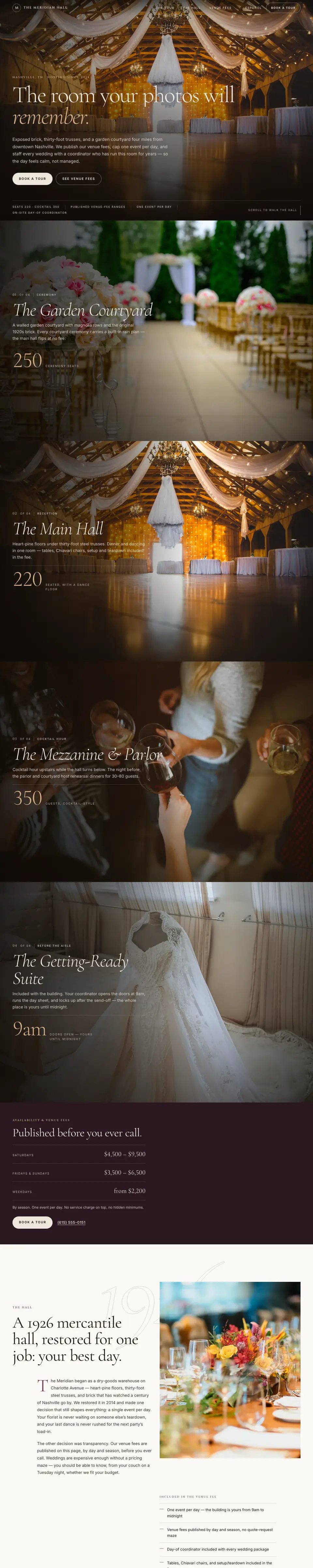 Homepage of our event-venue demo site: a candlelit hall under timber trusses, headed The room your photos will remember.